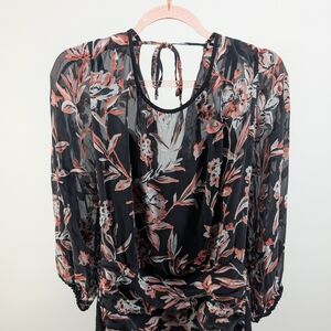 White House Black Market Black Floral Sheer Blouse with Pink and Cream Accents